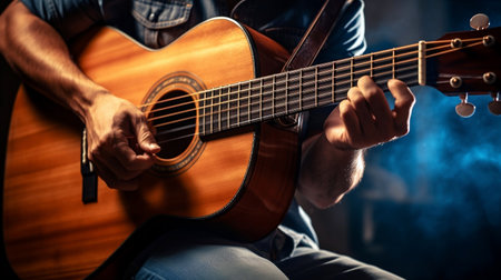 man sitting playing a guitarの素材