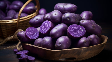 purple potatoes in a wooden bowlの素材