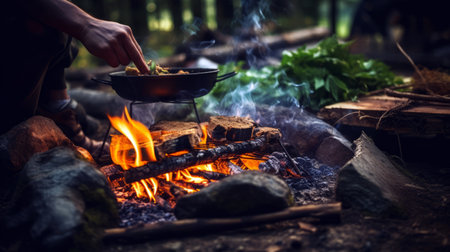 cooking on the campfire in a forestの素材