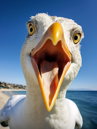 close up of a seagull with beak openの素材