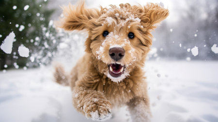 cockapoo dog running in the snowの素材