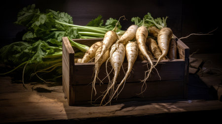 parsnips in a wooden boxの素材