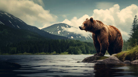 brown bear by the lake in the mountainsの素材