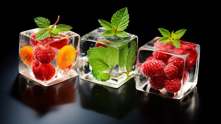 ice cubes with fruits inside and mint sprigsの素材