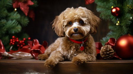 poodle at christmas surrounded by decorationsの素材