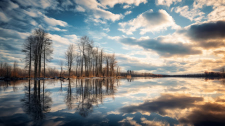 winter landscape with clouds reflected in a lakeの素材