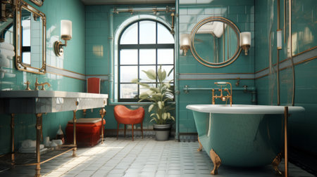 turquoise bathroom with ball and claw bath and gold accentsの素材