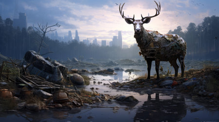 deer covered in rubbish in wasteland outside the cityの素材