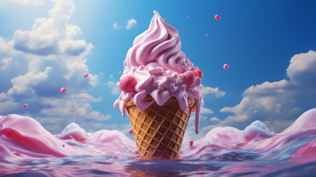 pink ice cream in a cone above ice cream waves with blue skyの素材