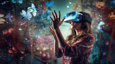 girl using virtual reality headset surrounded by fantastical flora and butterfliesの素材