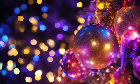 christmas lights and decorations on a dark backgroundの素材