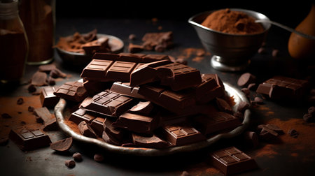 broken up chocolate blocks and cocoa for cookingの素材
