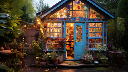 colourful arts and crafts shed studio in the gardenの素材