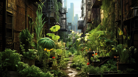 urban gardens growing in an alley between tower blocks in a cityの素材