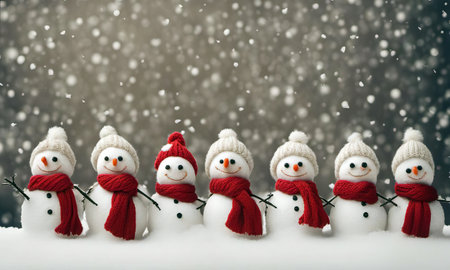 a row of little snowman with knitting hats and scarves in the snowの素材