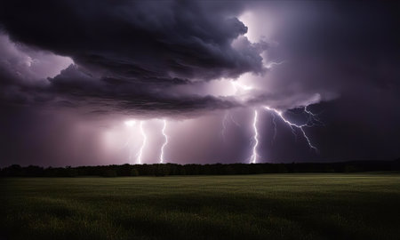 storm clouds and lightning over a fieldの素材