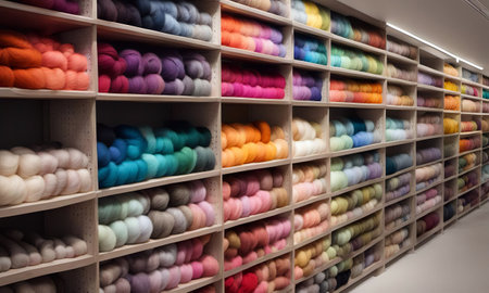 Shelves of colorful yarn for knitting in the storeの素材