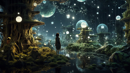 Woman standing in the middle of a fantasy landscapeの素材