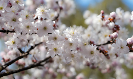 close-up of white cherry blossom flowers in springの素材