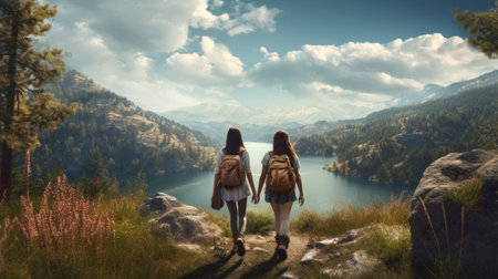 Back view of two girls with backpacks looking at beautiful landscapeの素材
