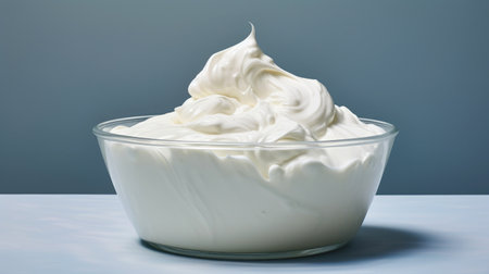 Creamy thick yogurt in a glass bowl on a blue backgroundの素材