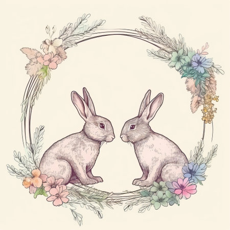Vintage style easter rabbits and floral wreathの素材