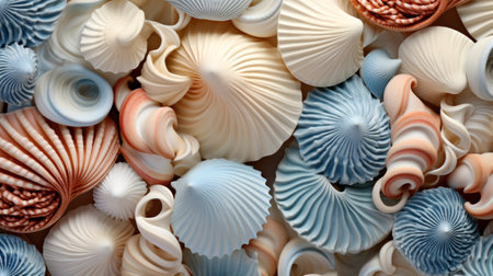 Colorful seashells as background, top view. Closeupの素材