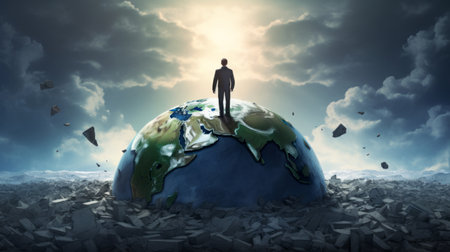 Businessman standing on earth as it turns to rubbleの素材