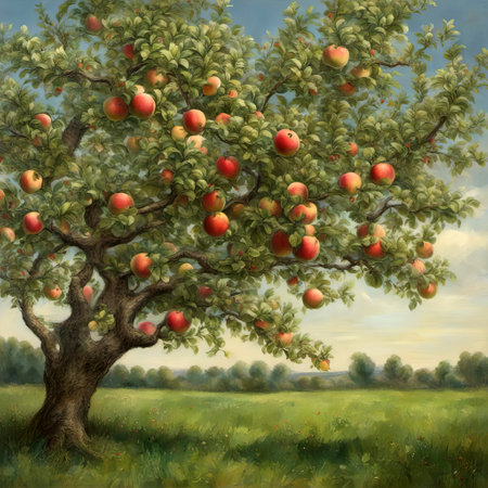 Apple tree with ripe red apples in the orchard. Digital painting styleの素材