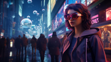 Beautiful young woman wearing VR sunglasses in the night cityの素材