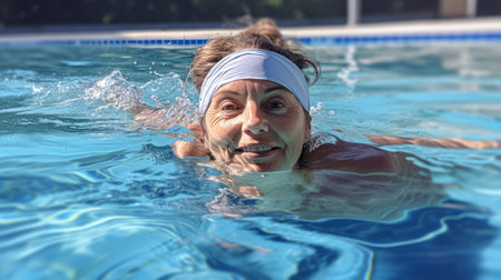 Senior woman swimming in a pool on a sunny summer dayの素材