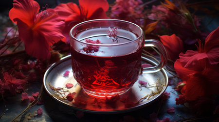 hibiscus tea in a glass mug with flowersの素材