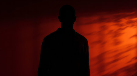 Silhouette of an anonymous man in front of a red wallの素材