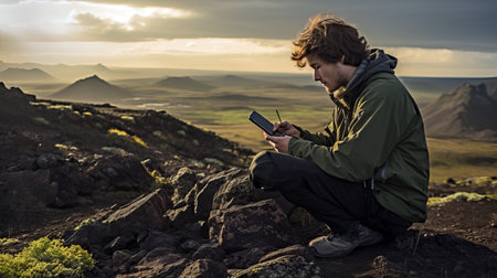 person working on a device in the mountainsの素材