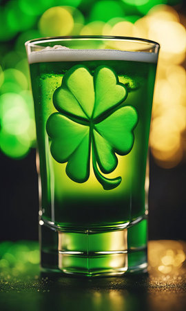 Green shot glass with shamrock leaf on bokeh background for St. Patrick's Dayの素材