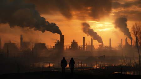 silhouette of two people walking infront of factory with smoking chimney stacksの素材
