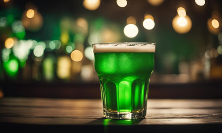 Green beer in a glass on a bar with lightsの素材