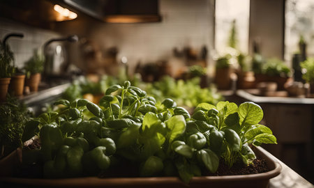 herbs in pots in the kitchenの素材