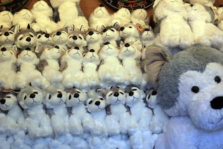 Salisbury, Wiltshire, England - October 16 2022: Toy husky prizes in a stall at the Salisbury Charter Fair.のeditorial素材