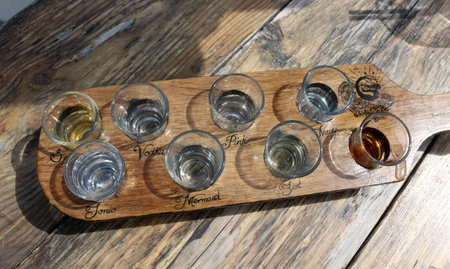 Tasting board at the Isle of Wight Distillery, Pondwell, Isle of Wight, England - May 11 2023