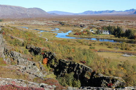 Thingvellir ('Thing Fields' or 'Assembly Fields') historically home to annual Icelandic parliamentary meetings, the 'AlÃ¾ingi'.の写真素材