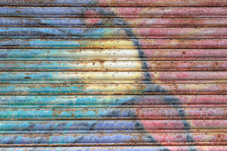 Old rusty corrugated iron wall with peeling paint as background