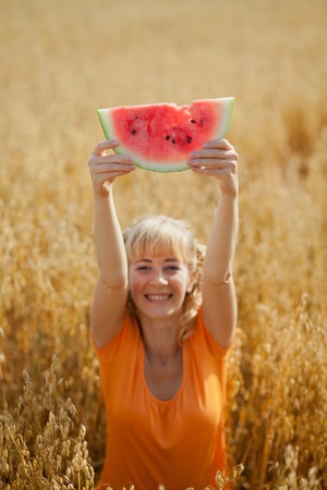 people eat watermelon and enjoyの写真素材