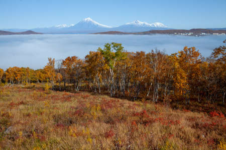 volcano on the background of autumn foliageの写真素材