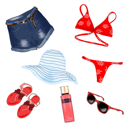 Fashionable beach outfit. A set of summer women's clothes and accessories. Sketch. Vector illustration.のイラスト素材