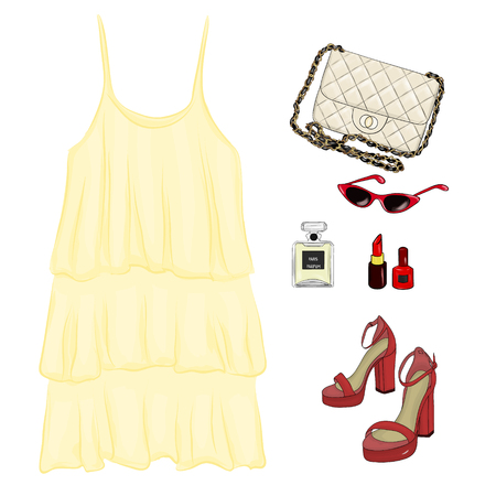 A set of summer casual outfit collection with accessories.のイラスト素材