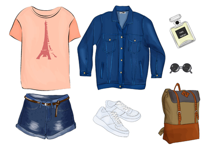 Vector of hand drawn fashion illustration,  isolated on white background.  A set of summer outfit collection with accessories. Casual outfit.のイラスト素材