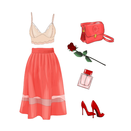 A set of summer casual outfit collection with accessories.のイラスト素材