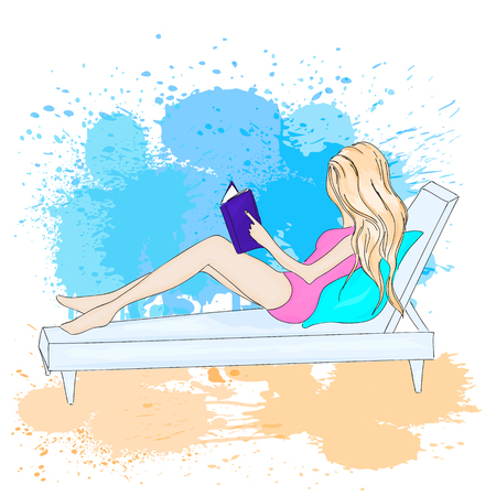 Beautiful girl on the beach reading a book.のイラスト素材
