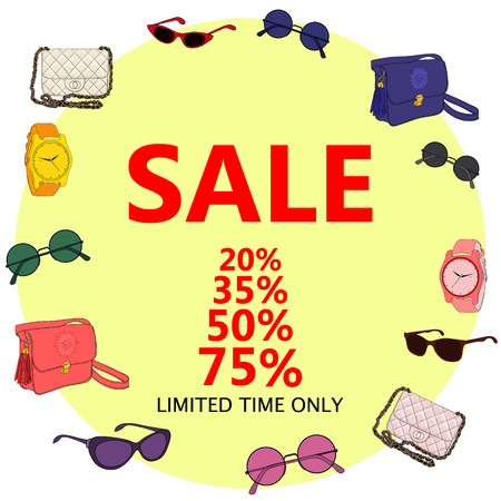 Summer sale, big discounts. Flyer template, hand drawn banner. Vector illustration.のイラスト素材